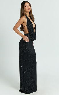 Felix Maxi Dress - Low Cowl Neck Bodycon Tie Back Dress in Black