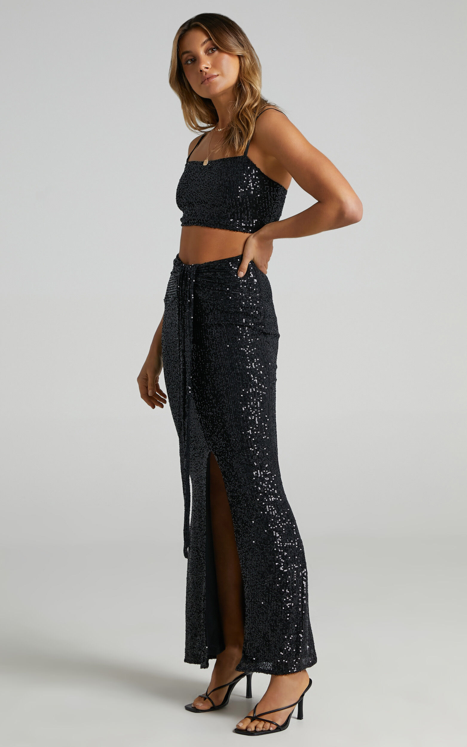 Anmae Two Piece Set Square Neck Drape and Split Front Midi Skirt Set in Black Sequin