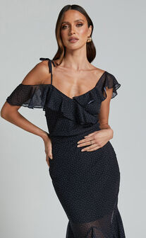 Chrislyn Top - Asymmetric Frill Top in Black Polka