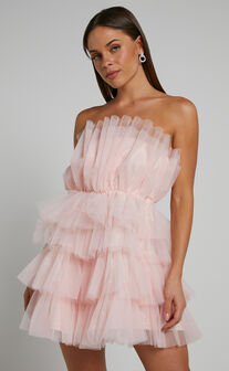 Allora Mini Dress - Tiered Tulle Fit and Flare Dress in Pale Pink