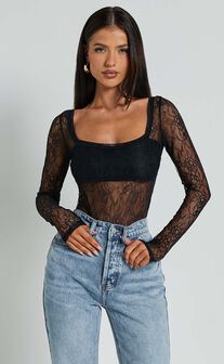 Cynthia Bodysuit - Long Sleeve Lace Bodysuit in Black