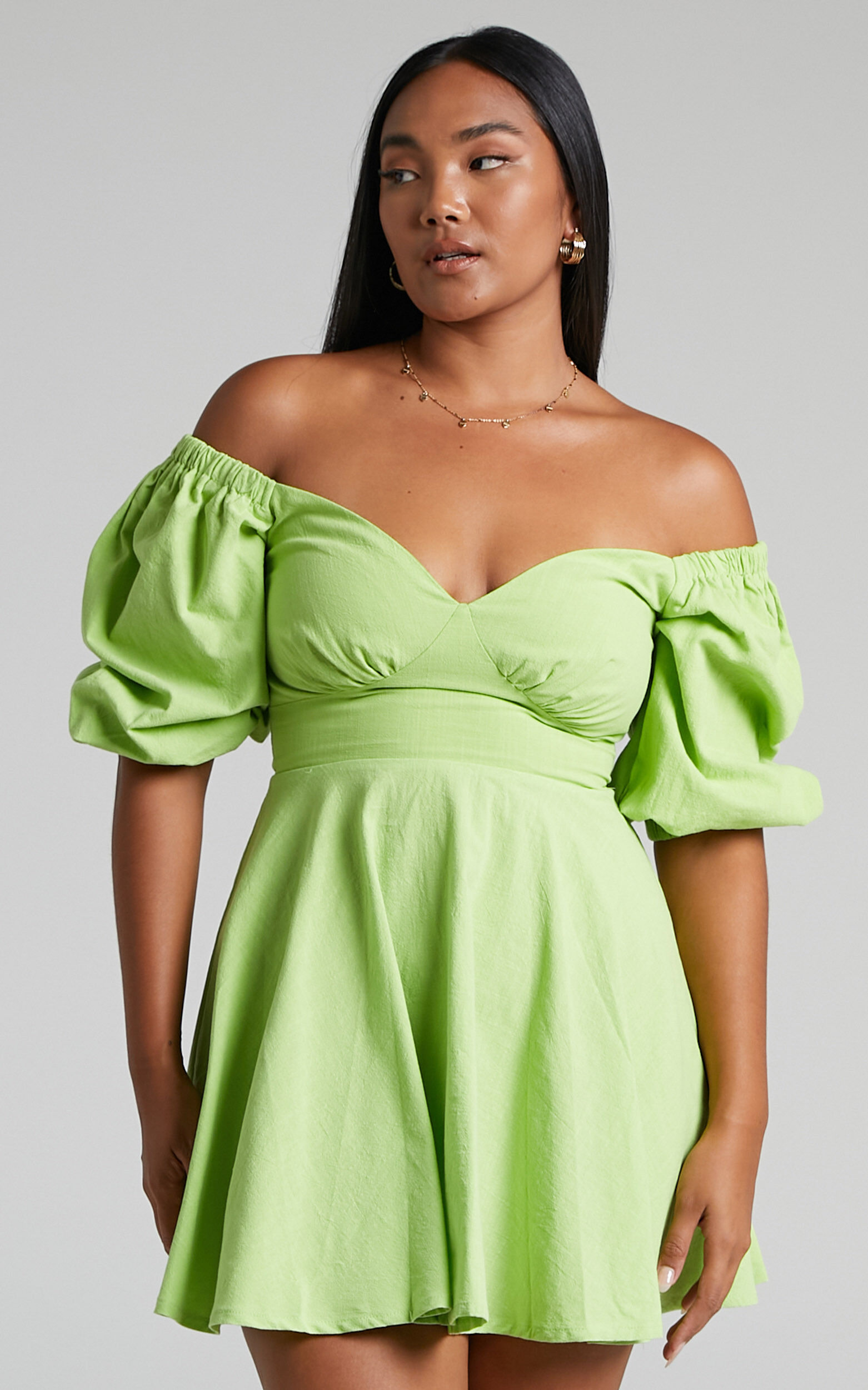 Bethiel Sweetheart Balloon Sleeve Off Shoulder Mini Dress in Lime Showpo EU
