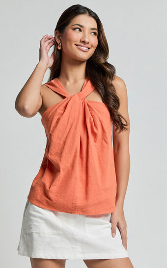 Avayah Top - Linen Look Twist Halter Neck in Burnt Orange