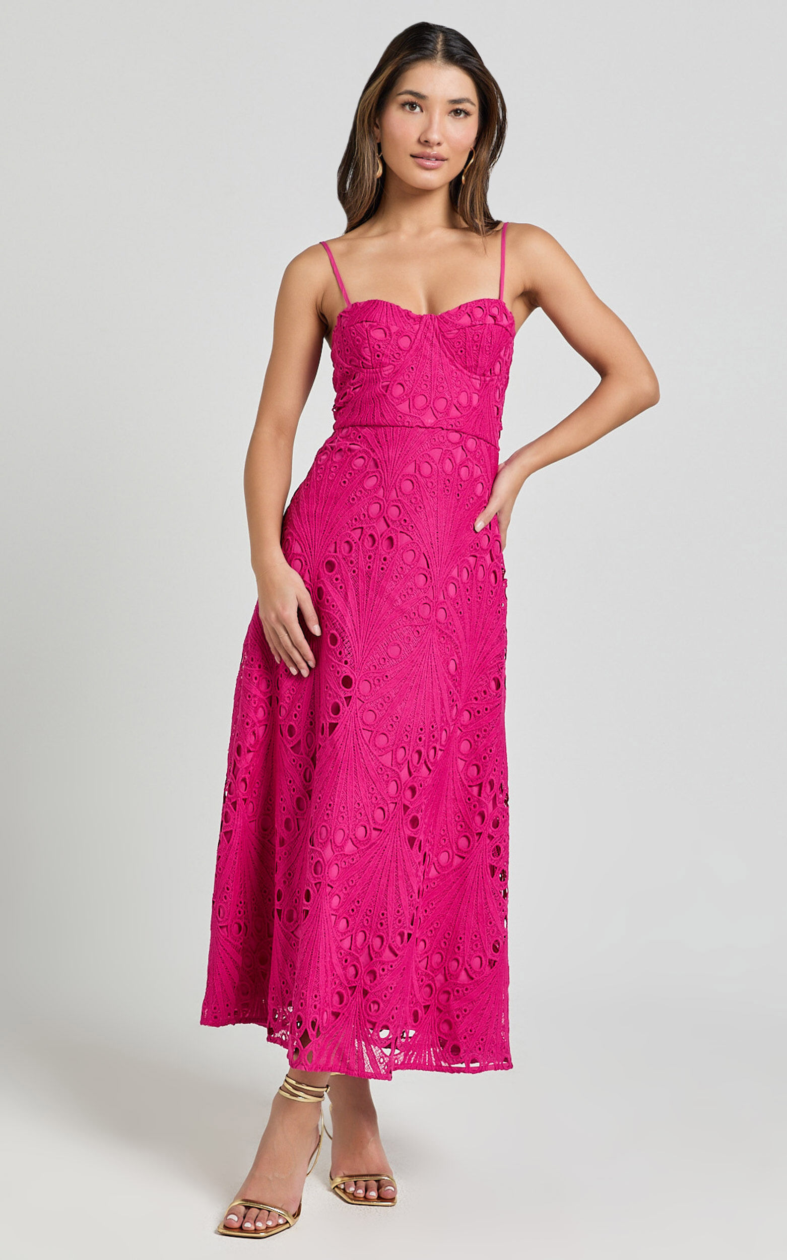 Nikka Midi Dress - Sweetheart Bustier Lace Dress in Pink Nikka Midi Dress - Sweetheart Bustier Lace Dress in Pink