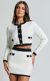 Alyce Cardigan - Button Through Bow Detail Contrast Knit Cardigan in White & Black