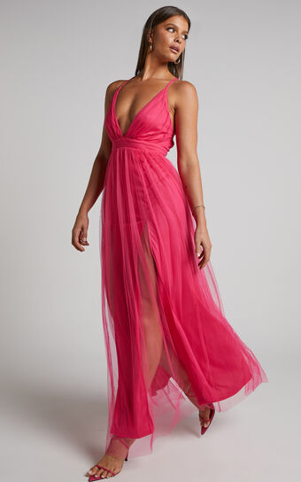 Like A Vision Midi Dress - Plunge Thigh Split Dress in Hot Pink