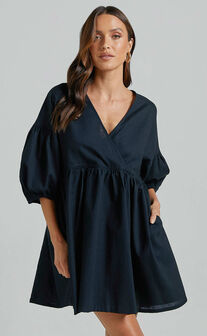 Akane Mini Dress - Linen Look V Neck 3/4 Sleeve Smock Dress in Black