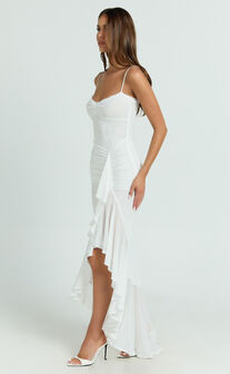 Brionna Midi Dress - Lace Neck Ruched Ruffle Hem Dress in White