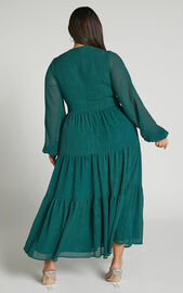 Edelyn Midi Dress - Cut Out Balloon Sleeve Tiered Dress in Emerald | Showpo
