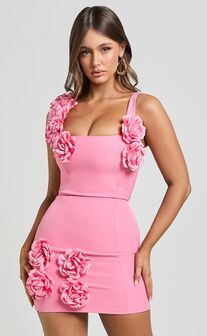 Emmy Mini Dress - Rosette Detail Fitted Dress in Bubblegum Pink