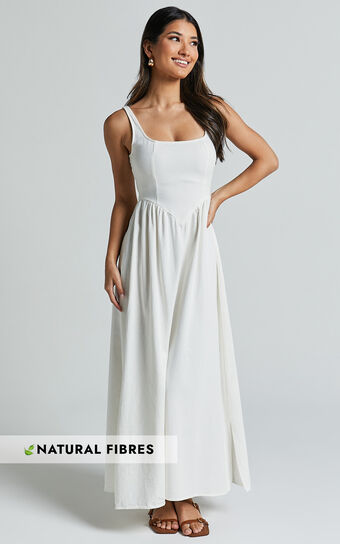 Rhaziya Midi Dress - Sleeveless Straight Neck Fit and Flare Dress in White