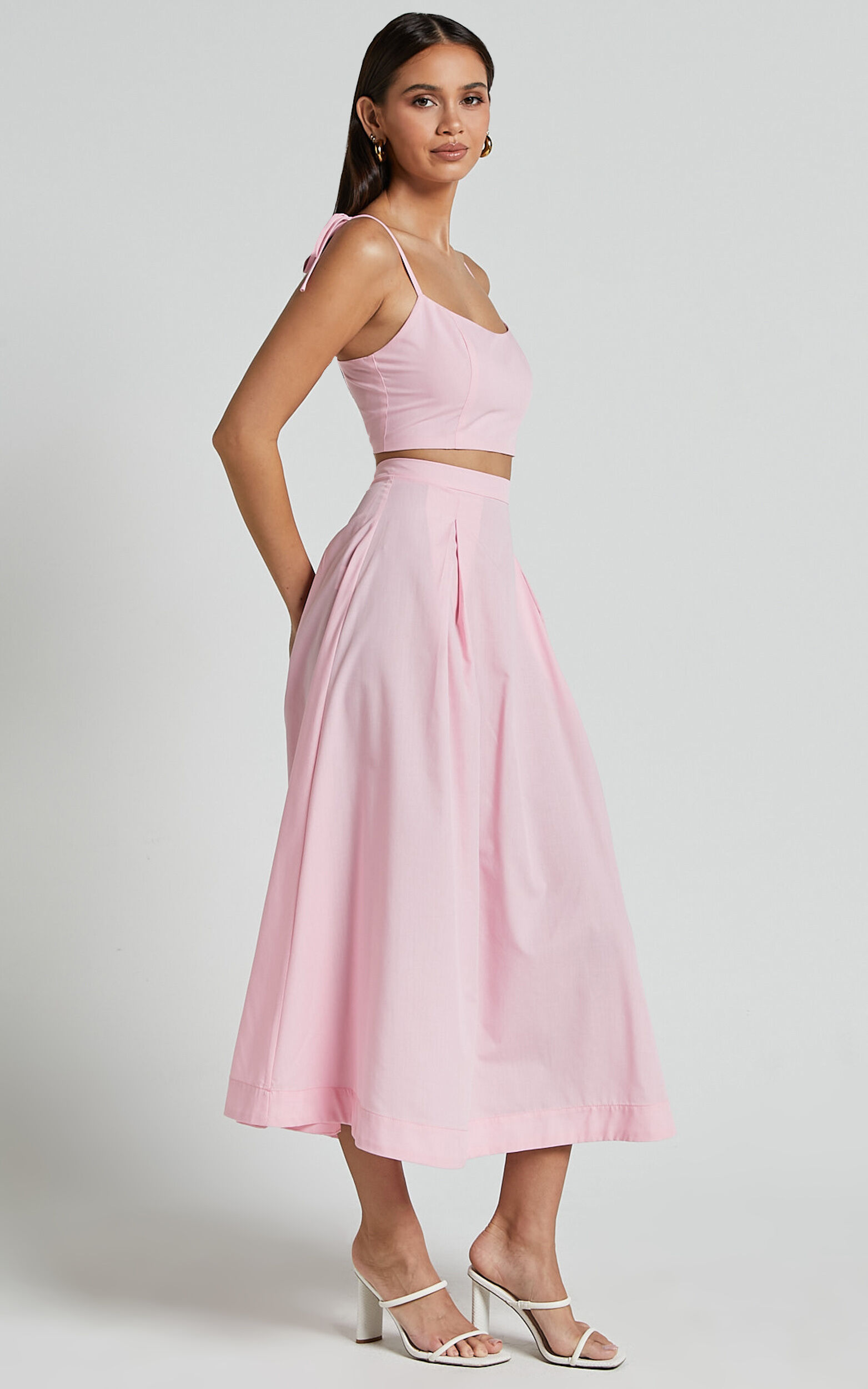 Rosalee Two Piece Set Strappy Crop Top and High Waisted A Line Midi Skirt Set in Pink