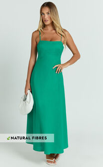 Brette Midi Dress - Linen Straight Neck Strappy Fit And Flare Dress in Olive
