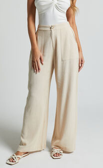 Lian Pants - Linen Look High Waisted Pocket Detail Pants in Cream