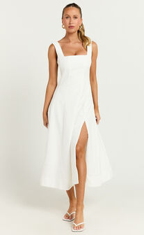 Walters Midi Dress - Square Neck Shirred Back Fit and Flare Panel Dress in White
