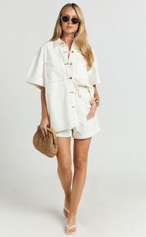 Rhianna Top - Oversized Recycled Denim Hardware Detail Short Sleeve Shirt in Ecru with Contrast Tobacco Stitch
