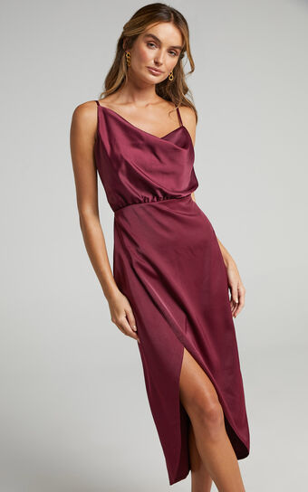 Sisters By Heart Midi Dress -  Asymmetric Cowl Neck Dress in Mulberry Satin