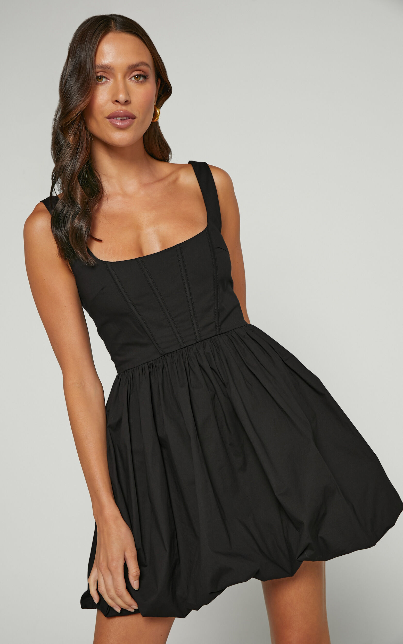ワンピース ETMON Check Bubble Bustier Dress, Black Brianda Mini Dress - Corset Bodice Bubble Hem Dress in Black