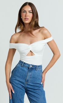 Helen Bodysuit - Twist Off Shoulder Cut Out Bodysuit in White