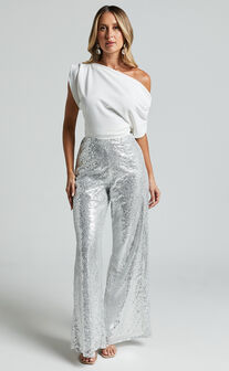 Looma Sequin Pants - High Waisted Super Wide Leg Pants in Silver