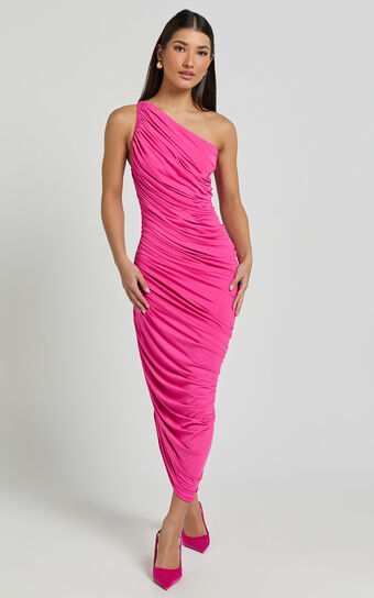 Lovlin Midi Dress - One Shoulder Ruched Dress in Fuchsia Pink