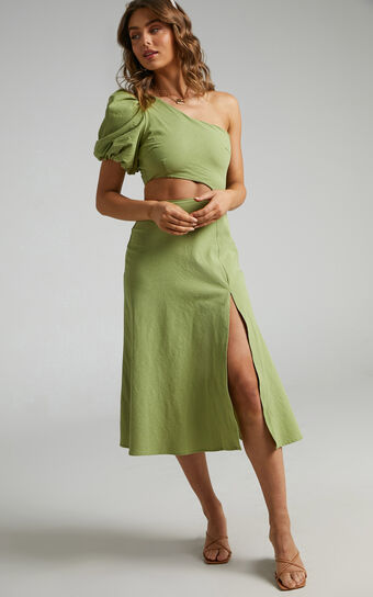 Marcia Midi Dress - One Shoulder Dress with Side Cut Out in Green Linen Look
