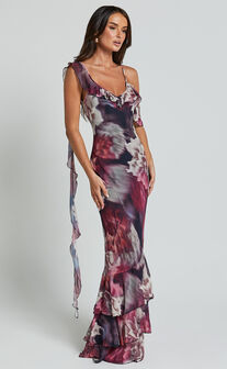 Riley Maxi Dress - Asymmetric Ruffle Detail Maxi Dress in Mariache Rose