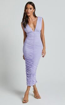 Brinley Midi Dress- Deep Plunge Ruched Midi Dress in Lilac