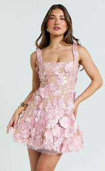 Sienna Mini Dress - 3D Floral Fit And Flare Dress in Pink