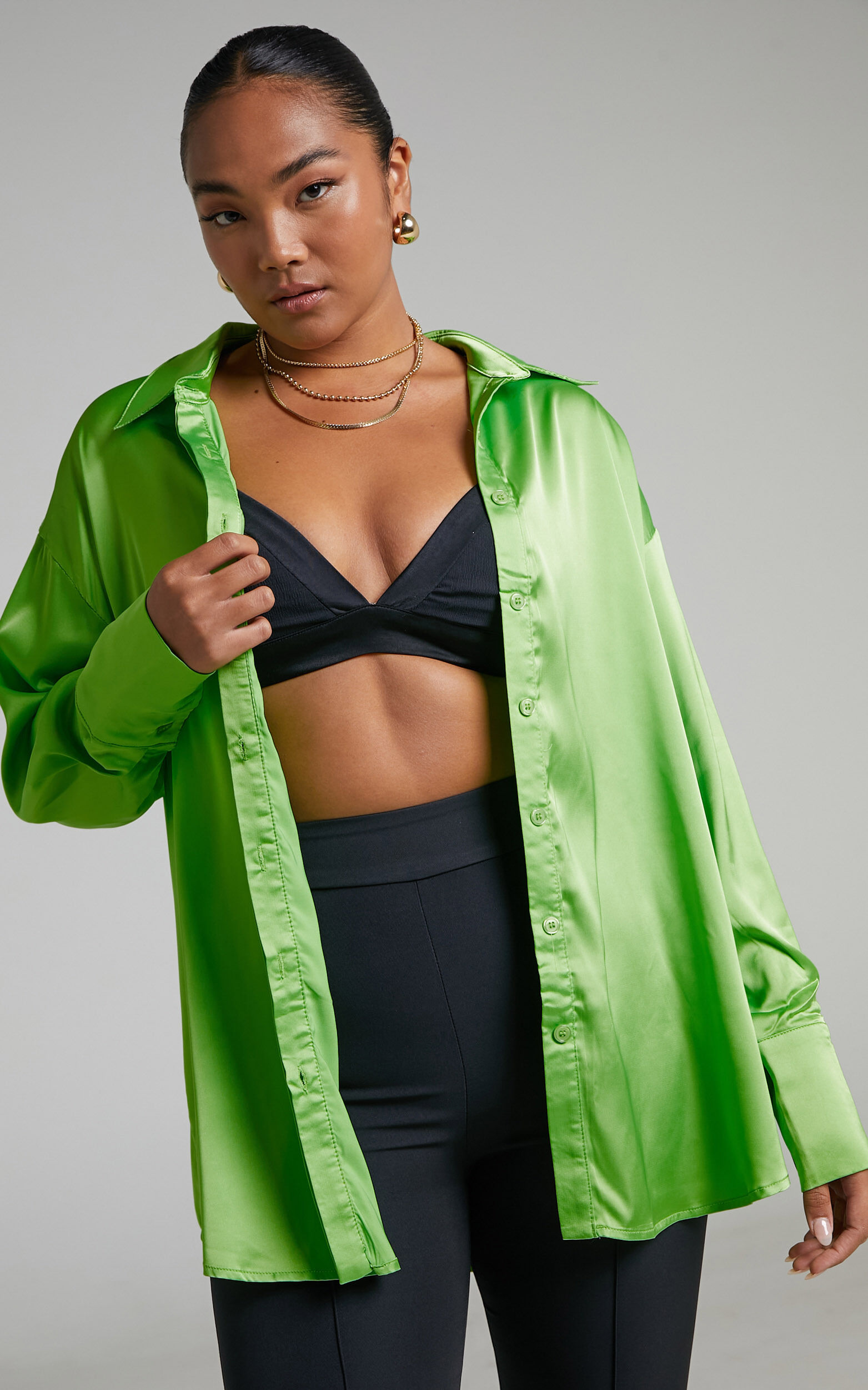 Matheresa Shirt - Oversized Button Up Satin Shirt in Lime - 06, GRN1