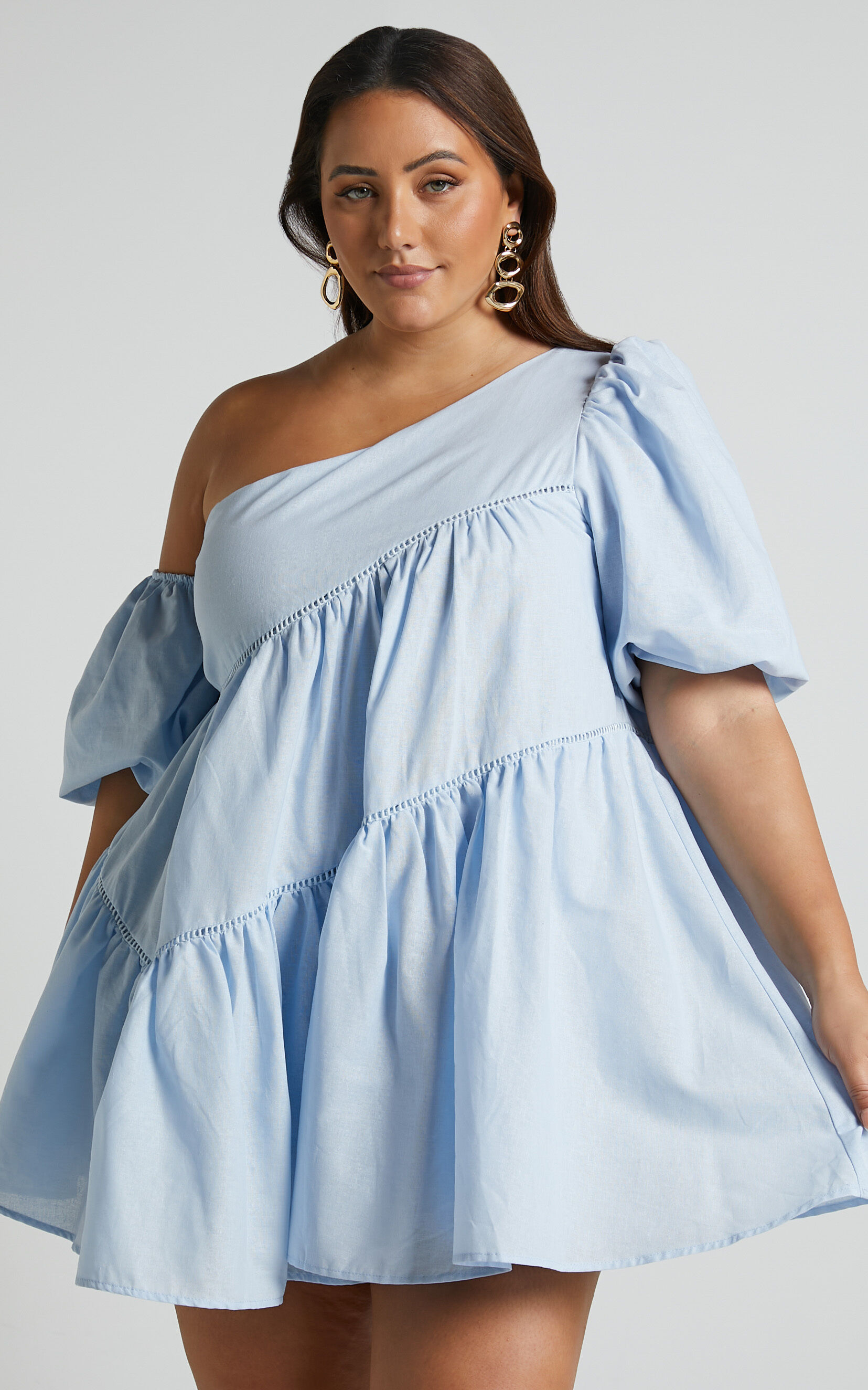 Harleen Mini Dress Linen Look Asymmetrical Trim Puff Sleeve Dress in Light Blue Showpo USA