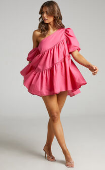 Harleen Mini Dress - Linen Look Asymmetrical Trim Puff Sleeve Dress in Pink