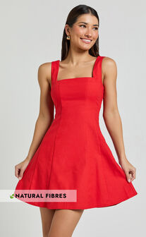 Adiana Mini Dress - Linen Square Neck Shirred Back A Line Dress in Red