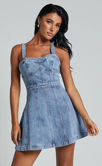 Estonia Mini Dress - Denim Dress in Mid Blue Wash