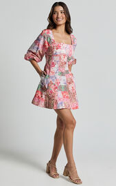 Enya Mini Dress - Puff Sleeve Empire Waist Dress in Floral Mosaic Print ...