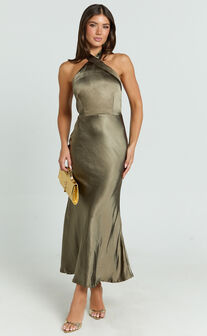 Rhianne Midi Dress - Twist Halter Neck Open Back Satin Dress in Olive