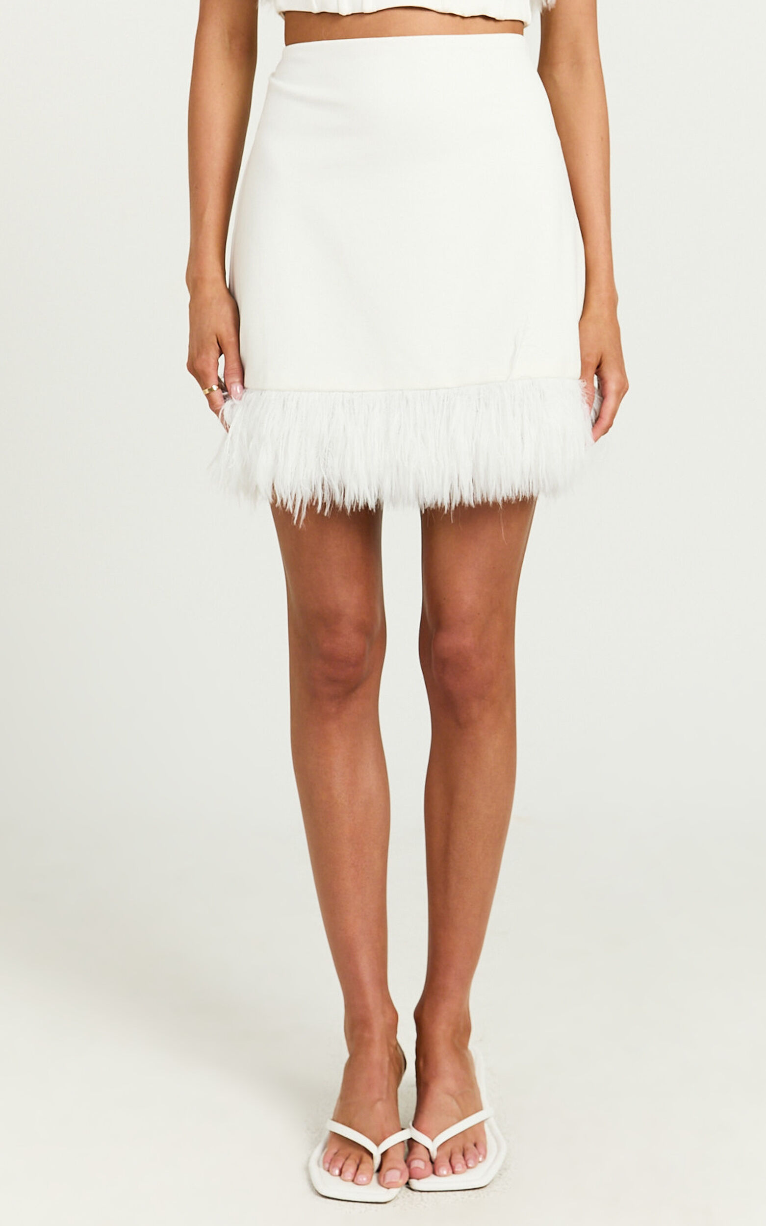 Rhaiza Mini Skirt - Faux Feather Trim High Waisted Skirt in
