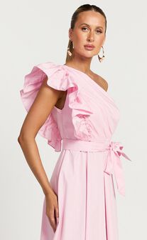 Almeida Midi Dress - One Shoulder Ruffle Detail Belted Dress in Pink