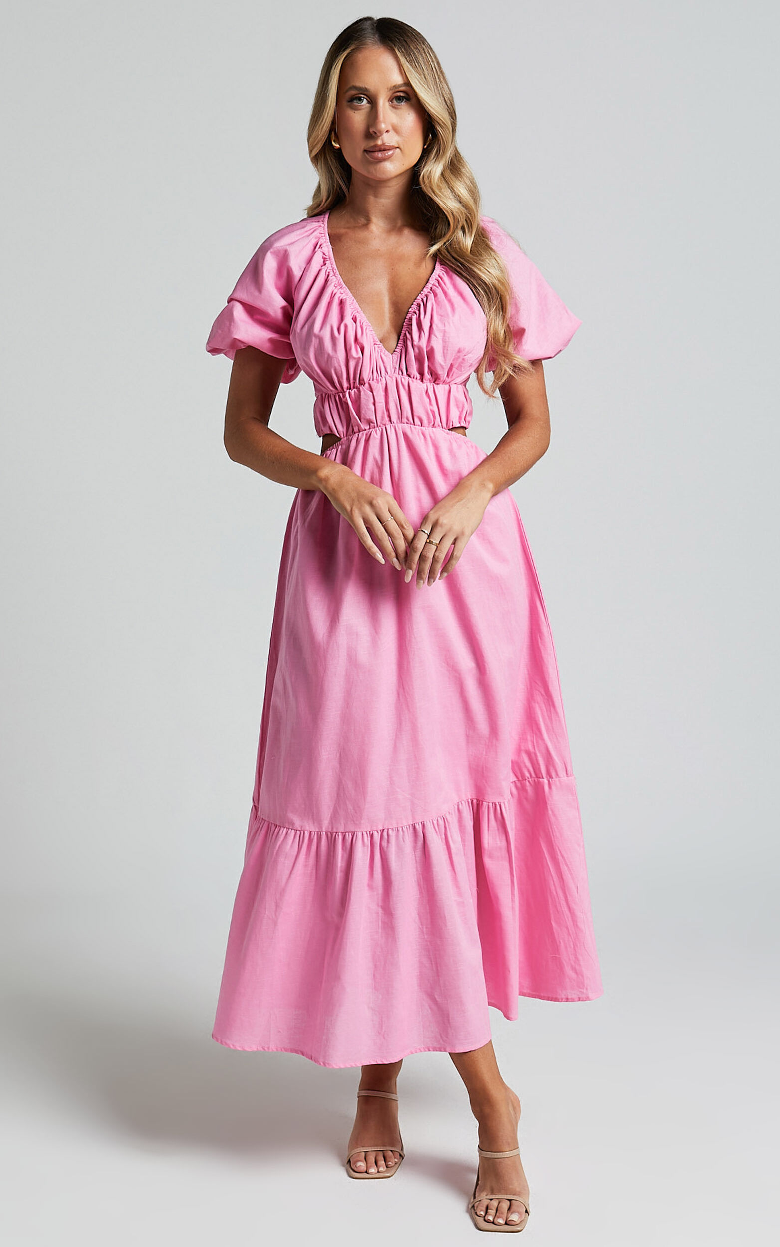 Pink Check Midi Dress Puff Sleeve V-Neck