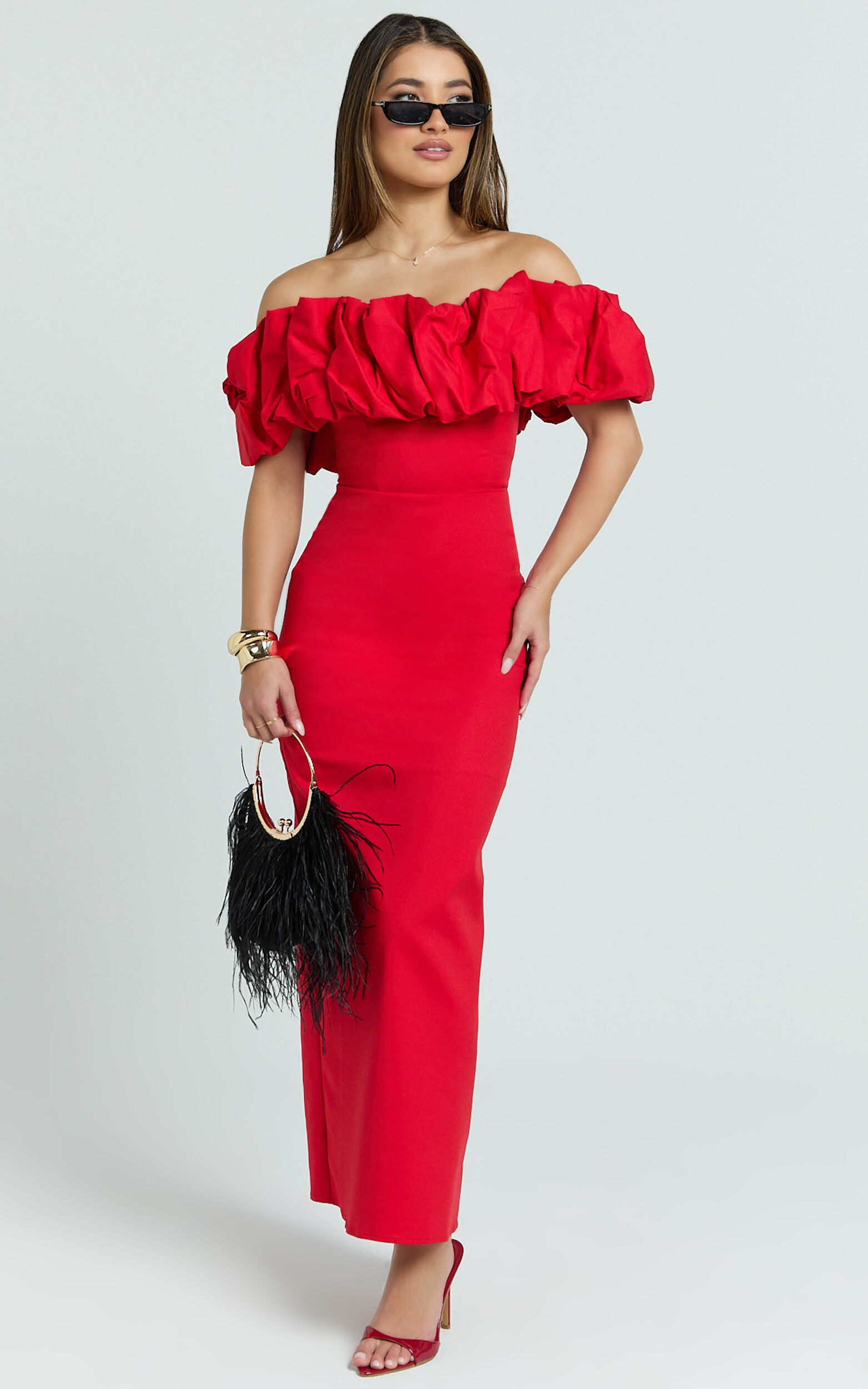 Rhaya Maxi Dress - Ruffle Off Shoulder Fitted Dress in Red - 06, RED1