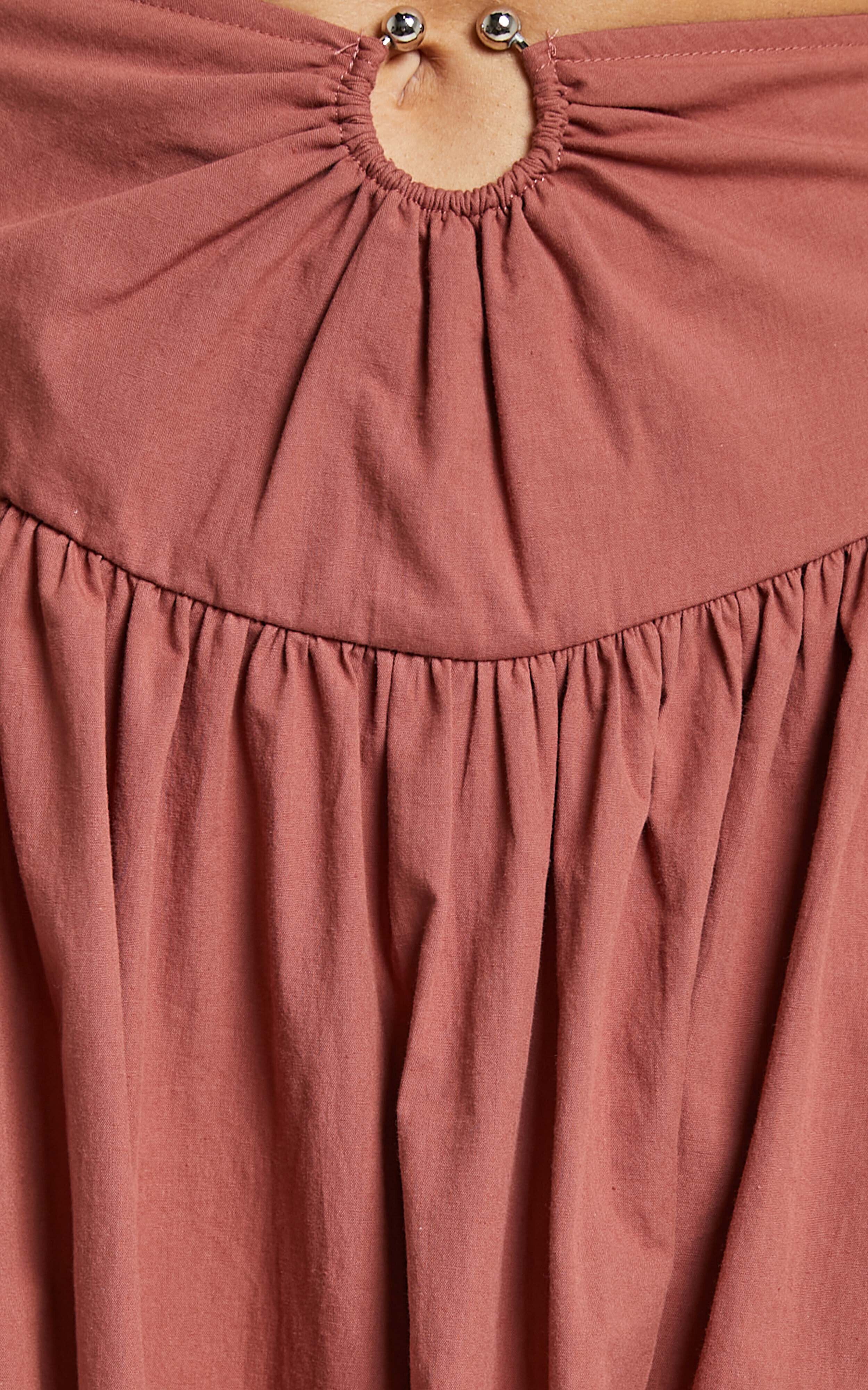 Hyra Midi Skirt - Ring Detail Gathered Yoke Skirt in Rust