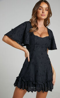 Fancy A Spritz Mini Dress - Square Neck Dress in Black Embroidery