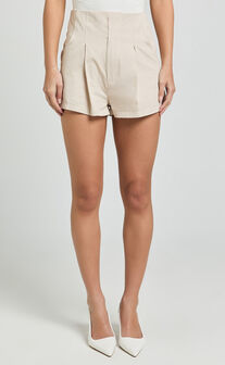 Elyssa Shorts - Pleat Detail Shorts in Beige