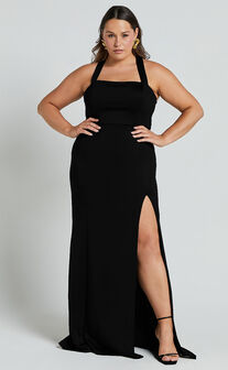 Lainie Maxi Dress - Straight Neck Thigh Split Cross Back in Black