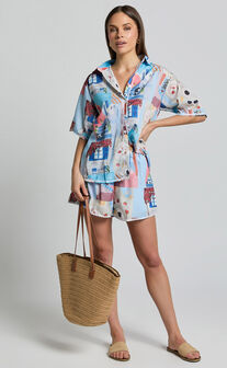 Cora Two Piece Set - Scallop Trim Button Up Shirt & Short Set in Blue & Pink Print
