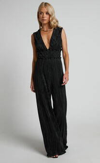 Armida Jumpsuit - Plunge Neck Wide Leg Plisse Jumpsuit in Black