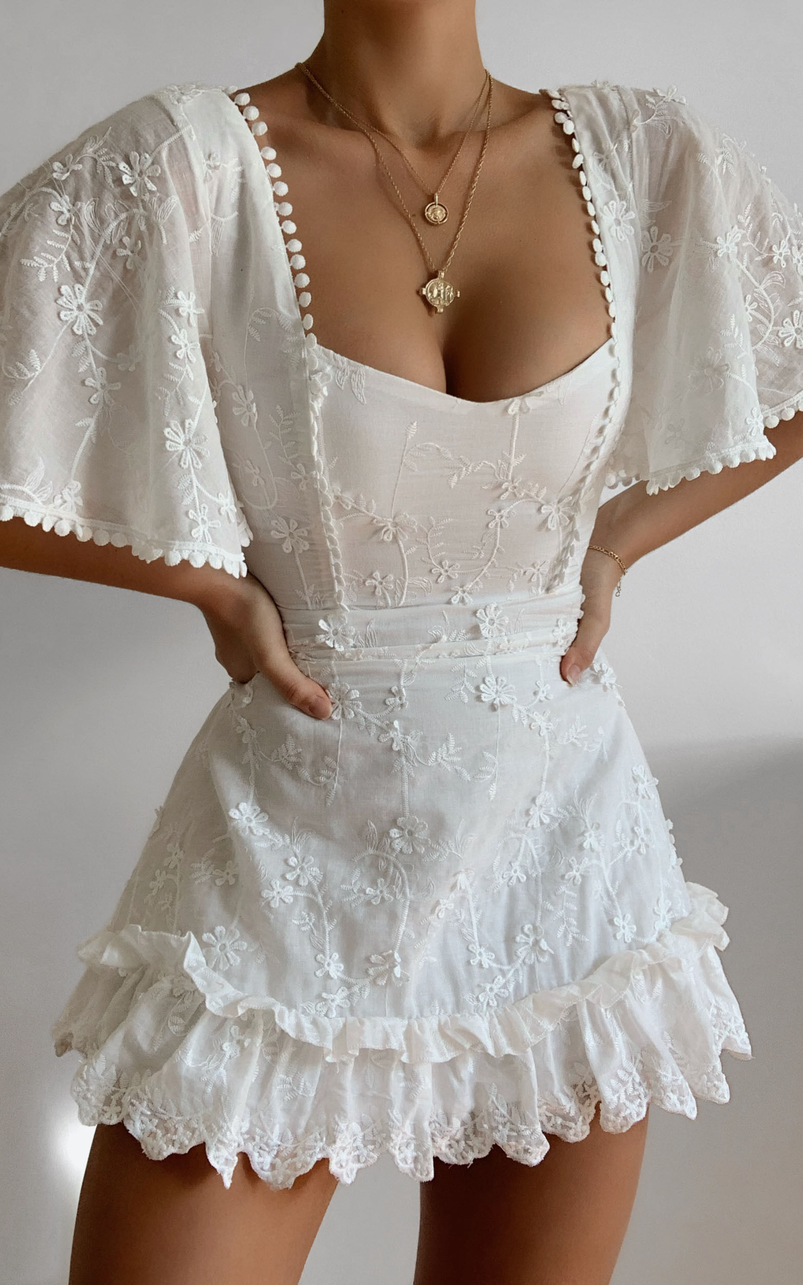 Fancy A Spritz Mini Dress - Square Neck Dress in White Embroidery - 04, WHT3