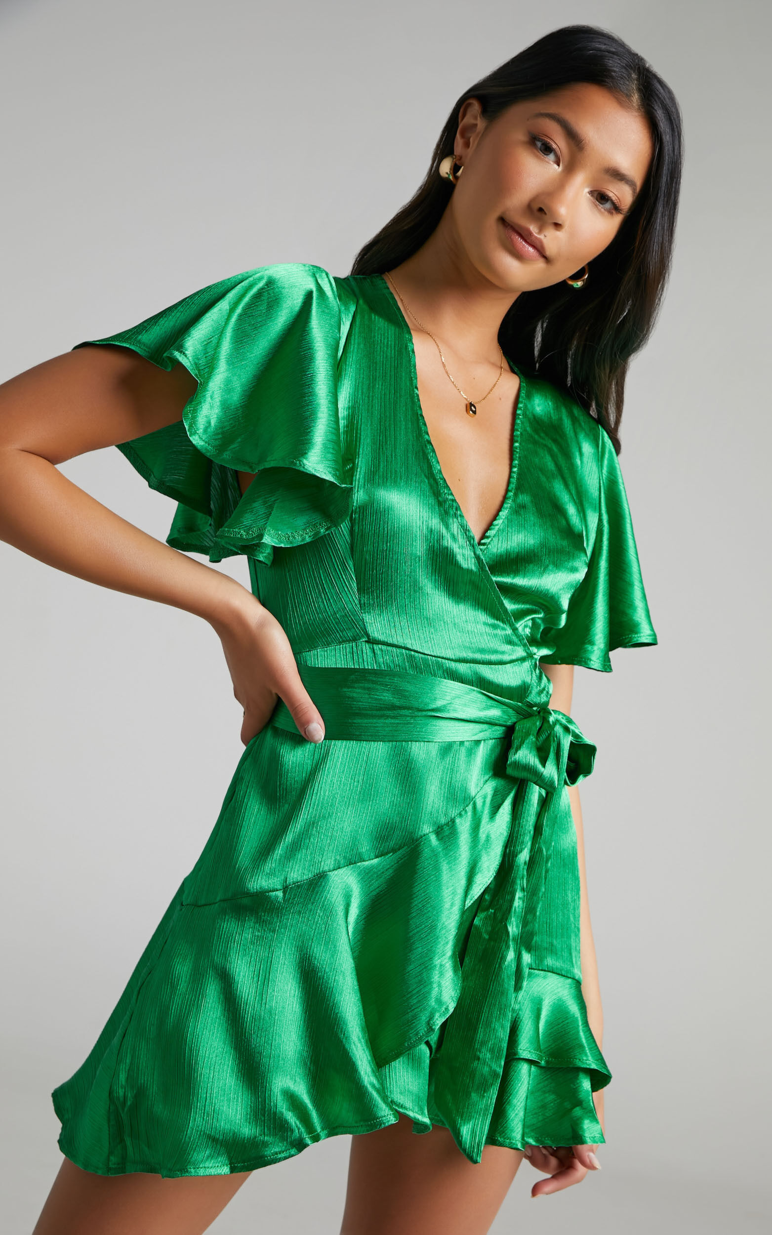 All I Want To Be Mini Dress - Ruffle Wrap Dress in Green Satin - 04, GRN2