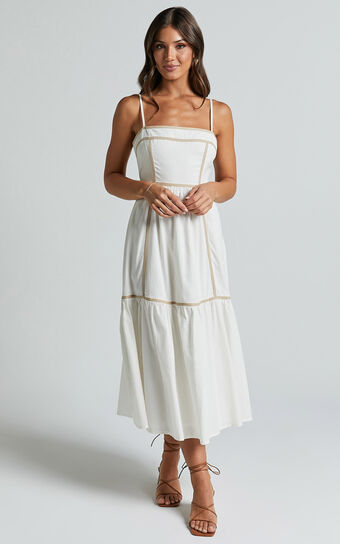 Chanika Midi Dress - Straight Neck Sleeveless Tiered Dress in White with Beige Contrast