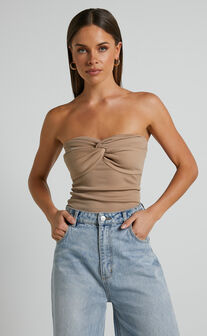 Jelena Top - Jersey Strapless Twist Front Top in Tan